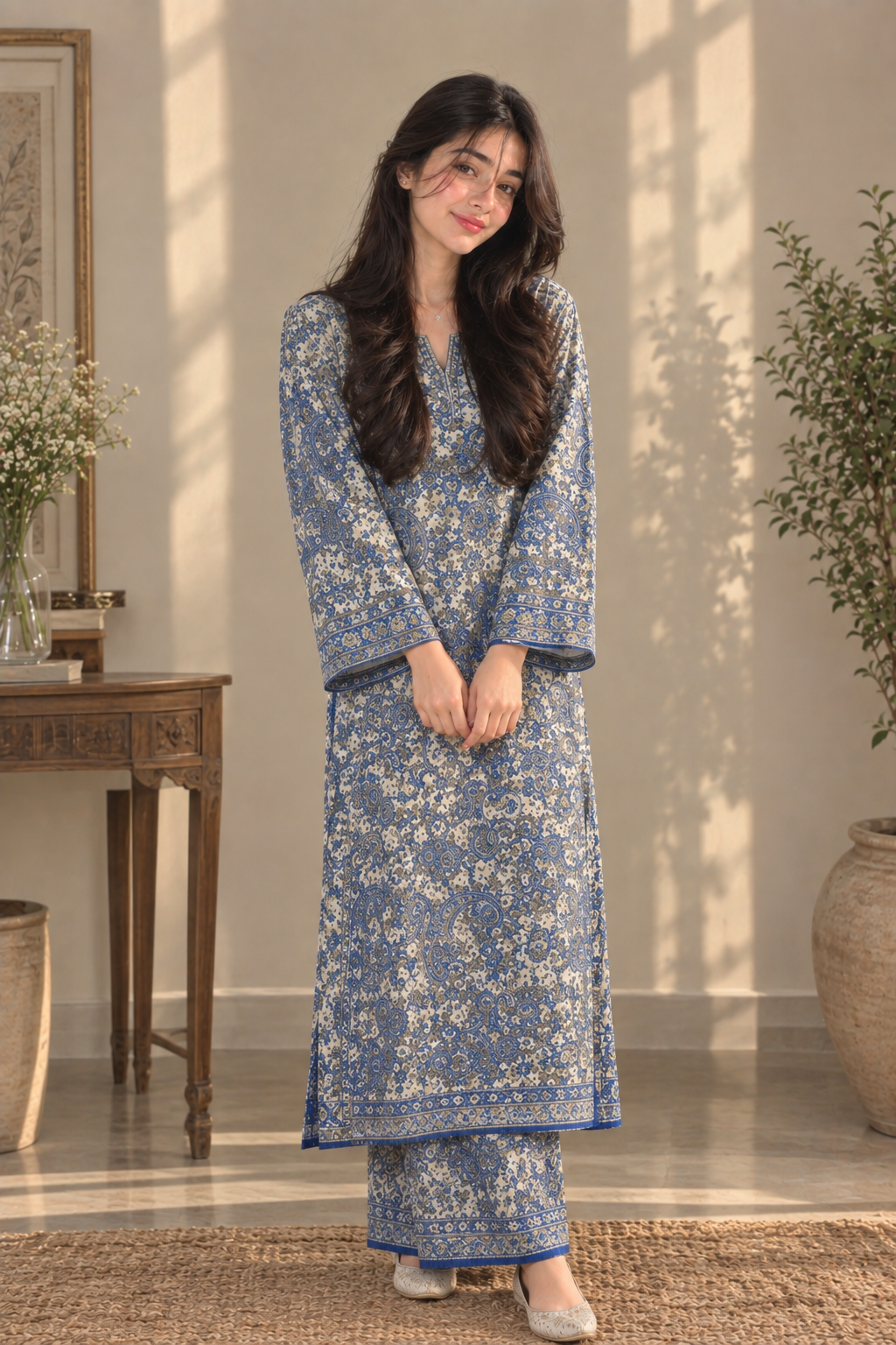 Blue & Ivory Paisley Printed 2-Piece Suit